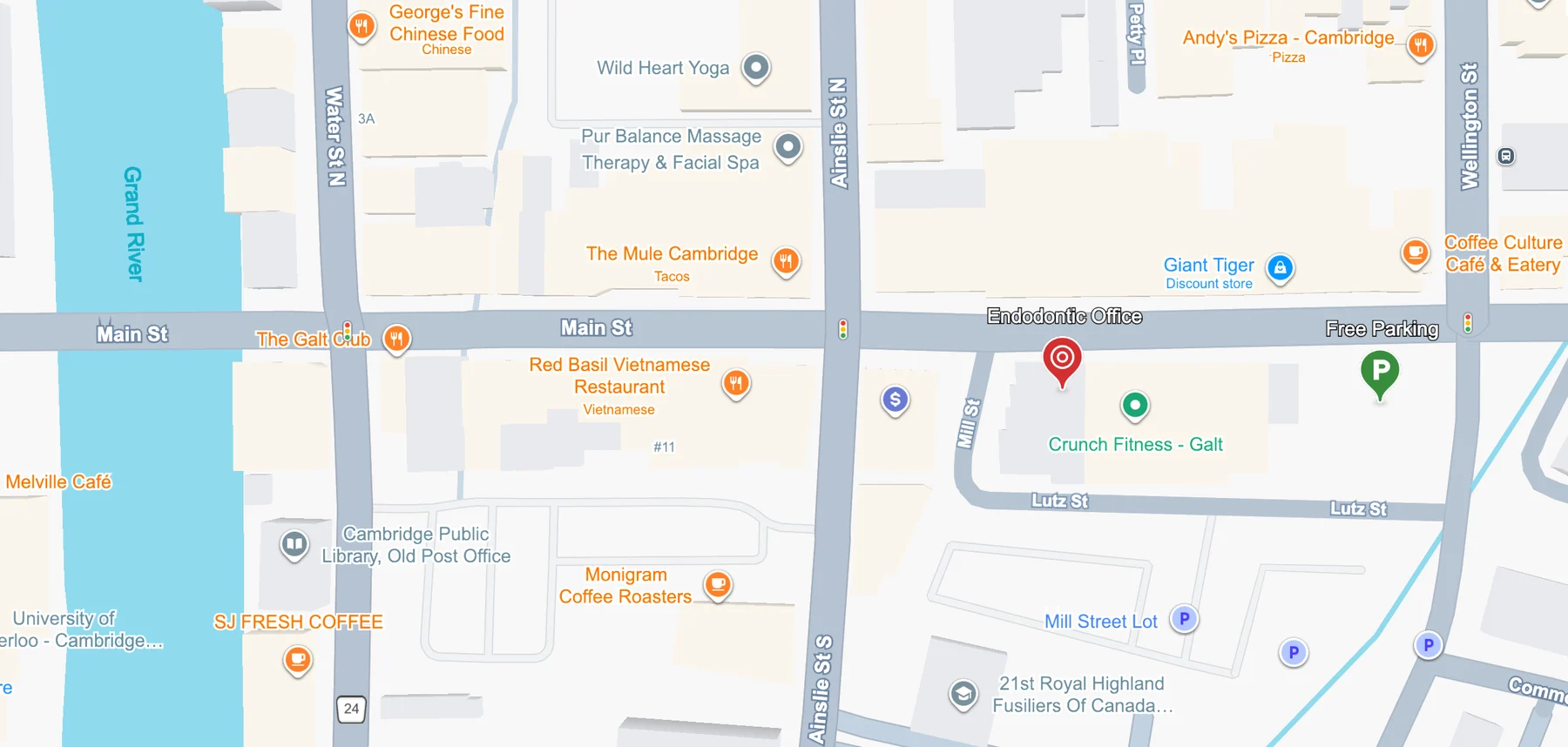 Map showing Endodontic Care Cambridge at 87 Main Street, Cambridge, Ontario N1R 1W1, with nearby free parking
